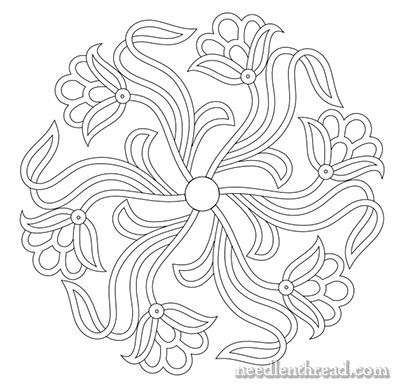 Free Hand Embroidery Pattern: Openwork Flower – NeedlenThread.com Halo Ideas, Sculpture Textile, Embroidery Tips, Battenburg Lace, Round Pattern, Drawn Thread, Point Lace, Learn Embroidery, Beadwork Patterns