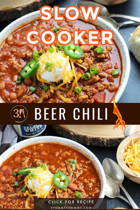 This Slow Cooker Beer Chili is easily made with ground beef or turkey. A bottle of your favorite beer gets added with pinto beans, onion, tomato, jalapeno pepper and spices. This recipe is perfect for game day entertaining. Slow Cooker Beef Chili Recipe, Beer Chili Recipe, Pork Chili Recipe, Slow Cooker Chili Beef, Beer Chili, Slow Cooker Chili Recipe, Jalapeno Pepper, Chili Recipe Crockpot, Slow Cooker Chili