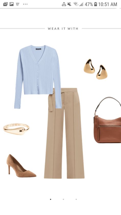 Sky Blue Outfit, Business Wardrobe, Cream Outfit, Quarter Moon, Fashion Work Outfit, Tan Pants, Beige Pants, Soft Autumn, Diva Fashion