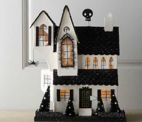 Black & White Halloween House Diy Halloween Village, Black White Halloween, Glitter Texture, Mickey Mouse Halloween, White Halloween, Christmas Village Houses, Glitter Houses, Halloween Village, Putz Houses