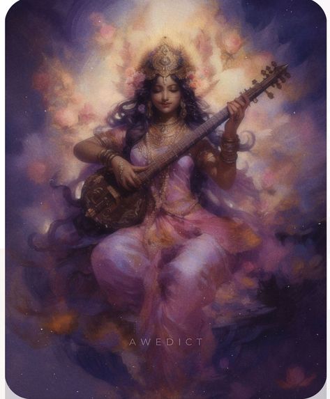 Santana Dharma Aesthetic, Saraswati Devi Painting, Saraswati Aesthetic, Indian Goddess Aesthetic, Indian Aesthetic Art, Hindu Gods Art, Lord Saraswati, Hinduism Aesthetic, Hindu Goddess Saraswati