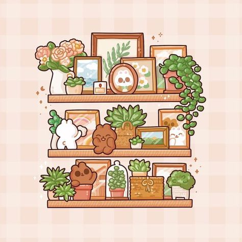 Plant Shelf Drawing, Shelf Illustration, Shelf Drawing, Kawaii Plants, Kawaii Illustration, Cute Food Art, Cute Kawaii Drawings, Cute Little Drawings, First Week