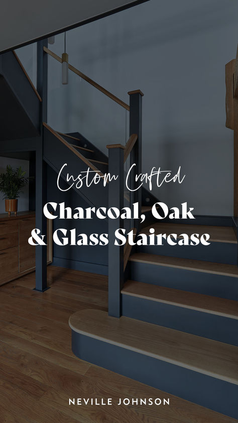 For this stunning bespoke staircase design, our expert designer has created impactful contrast for a cool, contemporary take on a classic look. We're big fans of this pairing of dark grey, natural oak and glass - and particularly love the thoughtful touches - like oak newel caps, inline glass for a seamless look and integrated lighting to the side panels. Dive deeper into this look at the link, then discover what we could create for your home with a free design visit. Contemporary Staircase Design, Oak Newel Post, Staircase Glass, Painted Staircase, Bespoke Staircases, Painted Staircases, Integrated Lighting, Timber Staircase, Contemporary Staircase