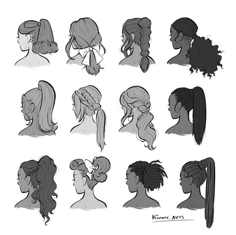 Twists Hair Drawing Reference, Ponytail Hairstyle Drawing Reference, How To Draw Curly Ponytail, Womens Hair Drawing Reference, Side Part Drawing Hair, Hair From The Back Reference, Side Ponytail Drawing Reference, Ponytail Back View Drawing, Hairstyles For Women Drawing Reference