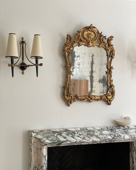 This antique, gilded mirror hangs above our fireplace at #PelhamProject, making me smile every time I walk by. | Instagram French Design Style, Gilded Mirror, French Women Style, Antique Interior, Modern And Antique, French Design, Home Living Room, Sweet Home, Fireplace