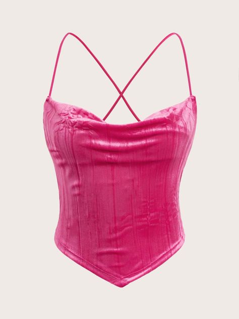 Hot Pink Corset Top Outfit, Tops Rosas, Hot Pink Clothes, Velvet Tops For Women, Pink Y2k Top, Barbie Inspired Outfits, Top Fucsia, Velvet Cami Top, Hot Pink Top