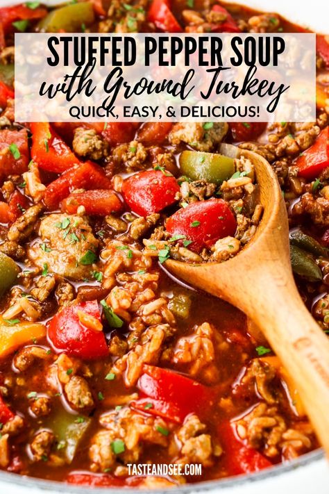 This Stuffed Pepper Soup with Ground Turkey has all the fantastic flavors of a classic stuffed pepper recipe but with no stuffing required!  There’s so much to love about this soup…  It’s quick and easy to make, budget-friendly, low-calorie, and gluten-free and requires practically no cleanup.  This stuffed pepper soup recipe is hearty and filling and so delicious! Best Stuffed Pepper Soup, Turkey Stuffed Pepper Soup, Stuffed Pepper Soup With Cabbage, Soup Ideas With Ground Turkey, Pepper Soup Crockpot, Keto Stuffed Pepper Soup, Weight Watchers Stuffed Pepper Soup, No Gallbladder Meals, Easy Healthy Ground Turkey Recipes