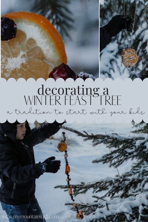 Easy DIY bird feeder | DIY a Winter Feast tree for the birds and squirrels | forest school | waldorf winter activities | winter activities for kids #wintercrafts #birdwatching #wintercraftsforkids Winter Animal Decorations, Winter Bird Feeders For Kids, Winter Forest Activities For Kids, Outdoor Preschool Crafts, Winter Forest School Ideas, Christmas Tree For Birds Outdoor, Winter Carnival Ideas Outdoor, Yule Traditions For Kids, 1000 Hours Outside Winter