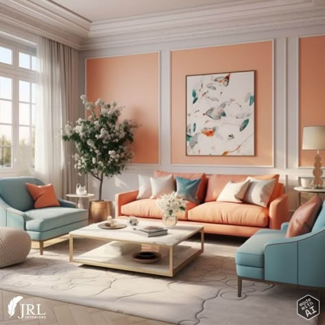 peach living room with blue accents Peach Color Walls Living Room, Grey And Peach Sofa, Peach Wall Art Living Room, Navy And Peach Living Room, Living Room Peach Walls, Peach And Teal Living Room, Peach Living Room Ideas, Colors That Go With Peach, Peach Playroom