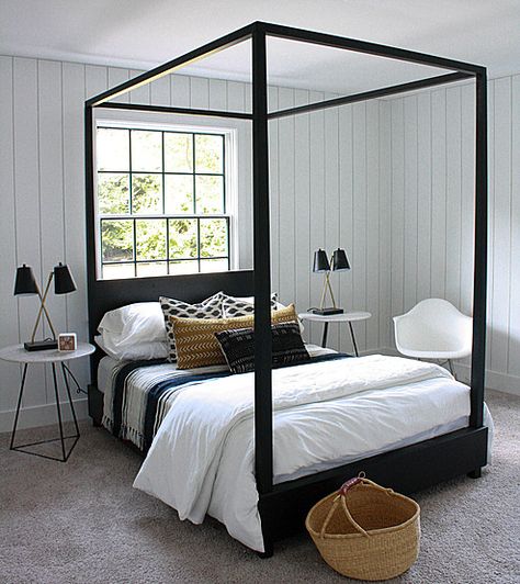 Black canopy bed + white shiplap walls | House Seven Design Farmhouse Canopy Beds, Emerald Green Bedrooms, Black Canopy Bed, Green And White Bedroom, Bed Wooden, Wooden Beds, Canopy Bedroom, Neutral Bedrooms, French Bedroom