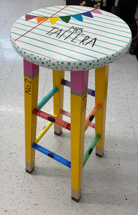 Teacher Bar Stool, Teacher Chairs For Classroom Diy, Teacher Stools Painted Diy, Painted Teacher Stool, Classroom Diys, Teacher Stool, Teacher Stools, Teacher Chair, Classroom Stools