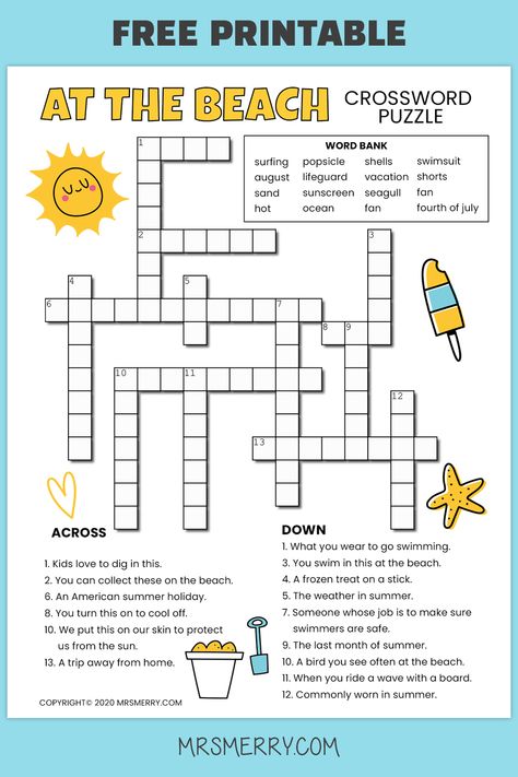 This beach themed challenging brain buster is a great way to keep those little brains active, even at the beach! Figure out these 15 beach themed items in this summer crossword puzzle.  #printablecrosswordpuzzles #kidscrosswordpuzzles #crosswordforkids #puzzleswithanswers #activityforkids #ideasforthekids #kidsschoolideas #teachingkids #printableskidsactivities #freekidsprintables #wordsearchforkids #mrsmerry Easy Crossword Puzzles Printable, Summer Crossword Puzzle, Summer Crossword, Word Puzzles Printable, Kids Crossword Puzzles, Free Printable Crossword Puzzles, Word Puzzles For Kids, Summer Puzzle, Puzzles Printable