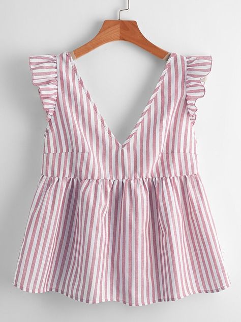 Free Returns ✓ Free Shipping On Orders $49+ ✓. SHEIN Ruffle Trim Striped Tank Top- Women Tank Tops & Camis at SHEIN. Simple Summer Tops To Sew, Cute Night Outfits, Tank Top Sewing Pattern, Pattern Draping, Sewing Tops, Stitching Ideas, Ruffle Trim Top, Trendy Blouses, Trendy Blouse Designs