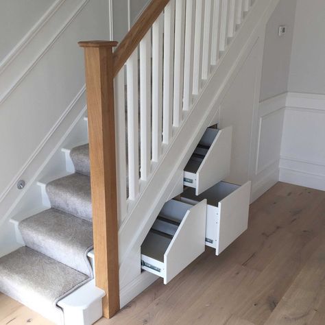 Pull out drawer storage - Image: Staircase storage Victorian Staircase Ideas, Staircase Ideas Modern, Panelled Staircase, Stairway Storage, Victorian Staircase, Under Stairs Storage Solutions, Under Stairs Storage, Under Stair, Painted Staircases