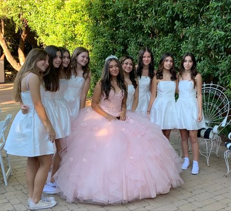 Blush Pink Quinceanera Dresses Damas, Quince Friend Dresses, Pink Sweet 16 Court Dresses, Dresses To Wear At A Quinceanera As A Guest, Pink Quince Court Dresses, Pink Quinceanera Theme Damas, Outfits For Damas Quince, Pink Court Dresses, Quince Court Outfits Pink