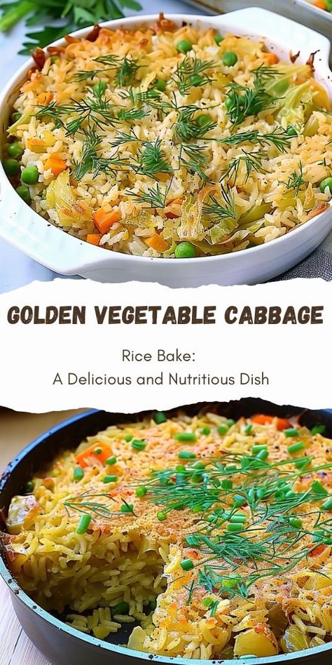 Golden Vegetable Cabbage Rice Bake: A Delicious and Nutritious Dish Ingredients For the Rice: 1 cup of rice (200 grams), rinsed 2 cups of water (400 ml) 1 teaspoon of salt #Cabbage #Delicious Rice And Cabbage, Rice Bake, Cabbage Rice, Cabbage Salad Recipes, Rice Cooker Recipes, Rice Side Dishes, Vegetable Rice, Cup Of Rice, 15 Minute Meals