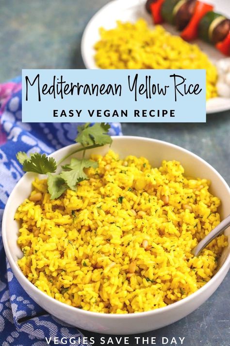 Lightly seasoned with garlic, cumin, and cilantro, vibrant turmeric yellow Mediterranean rice is an easy 30 minute vegan side dish. Mediterranean Yellow Rice, Mediterranean Rice, Yellow Rice Recipes, Cooking With Turmeric, Vegetable Kebabs, Rice Side Dish Recipes, Mediterranean Diet Recipes Dinners, Turmeric Yellow, Rice Side Dishes