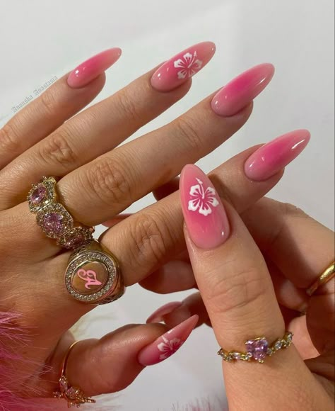 Summer biab nails inspo 2024 Tropical Nail Designs Simple, Summer Nail Inspiration 2024, Tropical Nail Designs Almond, Tropical Valentine Nails, Pink Spring Break Nails, Almond Hawaii Nails, Flower Vacation Nails, Tropical Pink Nails, Pink Beachy Nails