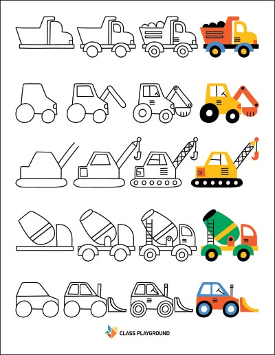 Kindergarten How To Draw, Draw With Shapes, Drawing Truck, Drawings With Shapes, Cute Truck Drawing, Drawing With Shapes For Kids, Construction Doodles, Transportation Drawing, Step By Step Cartoon Drawings