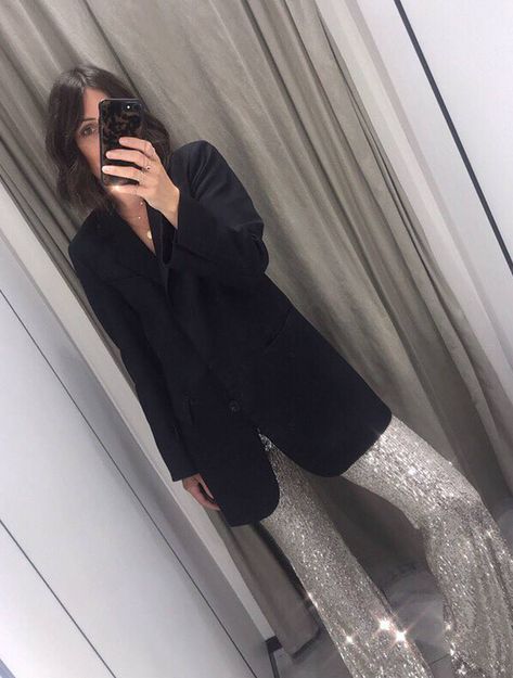 The Sequin Trend of 2019 Has Already Begun—Wear It Like This | Who What Wear UK Sequin Silver Blazer Outfit, Sequined Trousers Outfit, Sequin Trousers Street Style, Sequence Trouser Outfit, Silver Sequin Shirt Outfit, Sparkle Trousers Outfit, Sheer Trousers Outfit, Sequin Trousers Outfits Casual, Silver Sequin Trousers Outfit