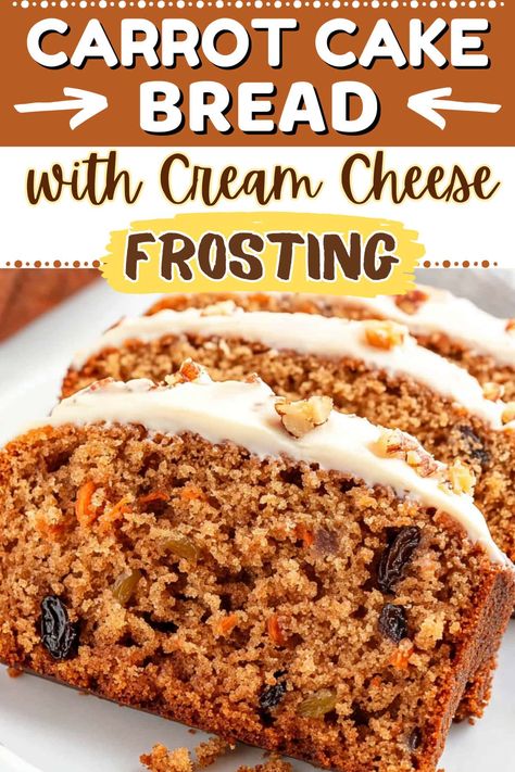 From the brown sugar and blend of spices to the chewy raisins and dreamy topping, this carrot cake bread with cream cheese frosting is too good to miss. Carrot Cake Bread Loaf, Carrot Dessert Recipes, Easy Carrot Cake Recipe, Carrot Cake Loaf Recipe, Carrot Cake Bread, Carrot Cake Loaf, Carrot Cake Recipe Easy, Carrot Spice Cake, Lemon Pound Cake Recipe