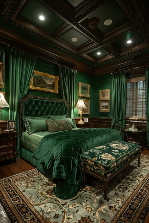 29 Dark Green Bedroom Ideas for a Luxurious and Calming Space 10 Bedroom Dark Green, Dark Green Bedroom Ideas, Navy Blue Bedroom Ideas, Dark Green Bedroom, Royal Bedroom Design, Dark Green Rooms, Navy Blue Bedroom, Royal Bedroom, Green Bedroom Ideas