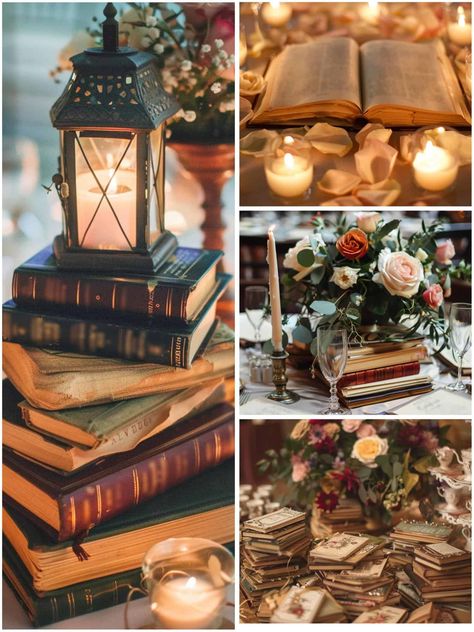 Wedding Book Table Ideas, Wedding Book Decorations, Book Table Centerpieces Wedding, Fae Aesthetic Wedding, Winter Library Wedding, Fantasy Themed Wedding Decor, Books As Wedding Decor, Book Nerd Wedding Ideas, French Provincial Wedding Decor