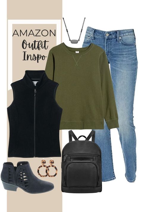 Amazon outfit inspiration includes black vest, olive green crew neck sweatshirt, jeans, backpack purse, neutral earrings, criss-cross black booties, and Kendra Scott necklace. Outfit idea, outfit inspiration, casual outfit, everyday outfit, winter fit, casual fit #casualoutfit #casualfit #outfitidea #outfitinspiration #outfitinspo #amazonfashion #amazonfinds #outfitideas #casualoutfitidea Olive Green Sweatshirt Outfit, Kendra Scott Necklace Outfit, Green Sweatshirt Outfit, Sweatshirt Outfit Winter, Neutral Earrings, Winter Fit, Green Sweatshirt, Sweatshirt Outfit, Outfit Winter