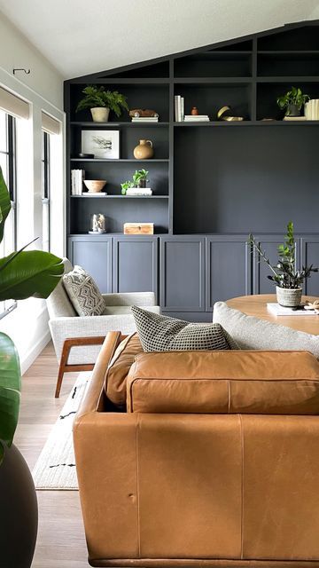 Simple Wall Bookshelves, Dark Grey Built In Bookcase, Dark Color Bookshelves, Bookshelf Accent Wall Bedroom, Painted Bookshelf Wall, Painted Built In Shelves Living Room, Shelves Painted Same Color As Wall, Dark Painted Built In Bookshelves, Dark Painted Bookshelves