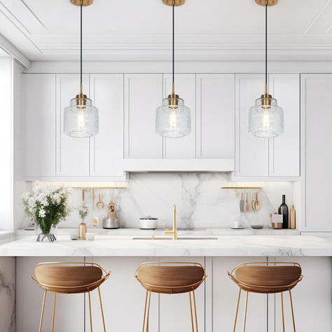 Breakwater Bay Meya 1 - Light Single Bell Pendant & Reviews - Wayfair Canada White Kitchen Gold Pendant Lights, Brass Island Pendants, Pendant Lights Over Kitchen Island Ideas, Linear Kitchen Island Lighting, House Renos, Modern Linear Chandelier, Island Chandelier, Kitchen Island Chandelier, Gold Pendant Lighting