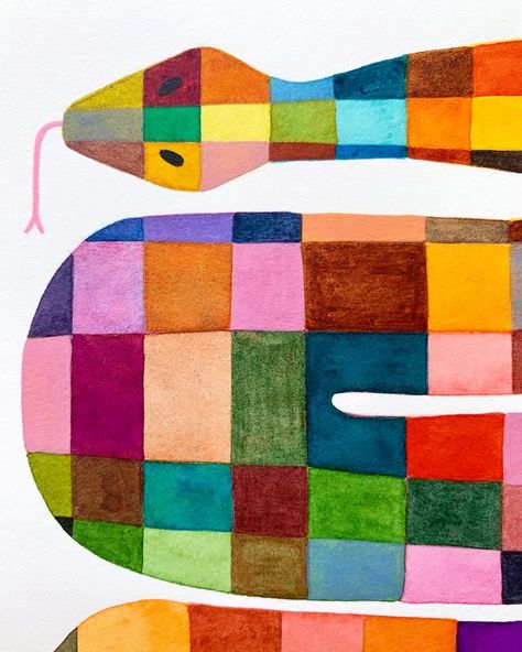 Colourful abstract patchwork watercolour snake Snake Art Aesthetic, Watercolour Snake, Cute Snake Art, Abstract Snake, Colorful Snake, Abstract Patchwork, Snake Painting, Colourful Watercolour, Snake Illustration