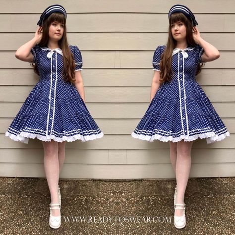 Throwback Post: Sailor Lolita Dress (Otome No Sewing Pattern Review) | Ready-to-Swear Sailor Dress Pattern, Otome No Sewing, Japanese Sewing, Coordinating Outfits, Sailor Dress, Cocoppa Play, Sewing Book, Polka Dot Fabric, Dress Sewing Pattern