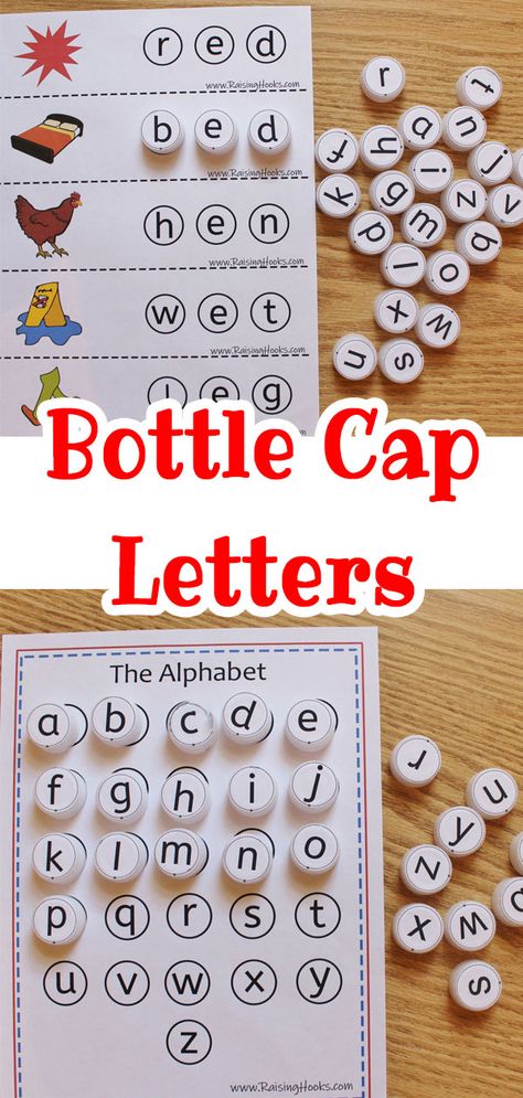 My daughter loves these Bottle Cap Letters. They are hands on, great for fine motor, letter recognition, letter sounds and learning to spell. A wonderful resource for learning the alphabet! Simply print them on sticker paper. #raisinghooks #homeschool #kids #alphabet #homeschooling #activities #activitiesforkids #learningresources #teaching #teachingresources Learning To Spell, English Games For Kids, Teaching Letter Recognition, Homeschooling Activities, Letter Recognition Activities, Kids Alphabet, Learn To Spell, English Games, Alphabet Activities Preschool