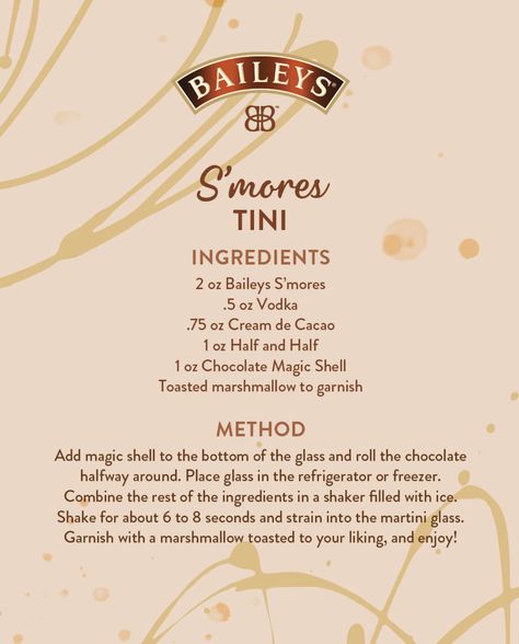 Smores Baileys, Baileys Smores, Baileys Recipes Drinks, Fall Drinks Alcohol, Baileys Drinks, Smores Party, Baileys Recipes, Smore Recipes, Cocktail Shots