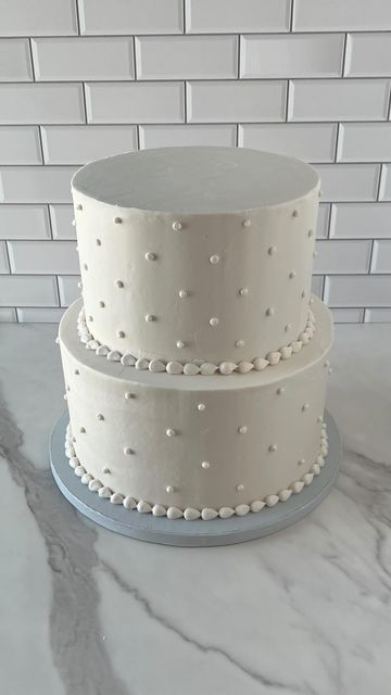 One Tier Wedding Cake With Pearls, Simple 2 Tier Cake, White Cake With Pearls Simple, Pearl Wedding Cake 1 Tier, Plain White Two Tier Cake, 2 Tier Wedding Cake Simple Pearls, Plain Wedding Cakes, Polka Dot Wedding Cake, September Bride