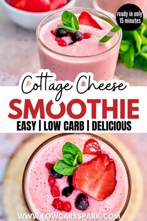 This deliciously thick and creamy cottage cheese smoothie is loaded with protein, thanks to the star ingredient: cottage cheese. Not only does it give the smoothie a super indulgent texture, but it also packs 13 grams of protein, making it the perfect snack after your workout. Plus, you'll love how quick and easy it is to whip up this sugar-free smoothie in just 5 minutes. Cottage Cheese Smoothie Recipes, Keto Hot Chocolate, Sugar Free Smoothies, Cottage Cheese Smoothie, Cottage Cheese Recipes Healthy, Cottage Cheese Desserts, Cottage Cheese Breakfast, Cheesecake Smoothie, Queso Cottage