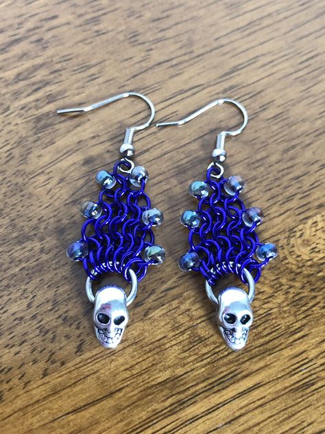 Excited to share the latest addition to my #etsy shop: Purple Chainmaille Skull Earrings with Glass Dark Metallic Beads Gothic Medieval, Chainmaille Jewelry, Metal Skull, Gothic Gifts, Chain Maille Jewelry, Purple Beaded, Tiny Rings, Steampunk Costume, Linking Rings