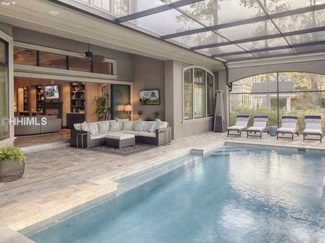 T. Yes Indoor Pool Sunroom, Indoor Pool With Garage Doors, Bloxburg Indoor Pool Ideas, Dream Pool House, Indoor Pool House, Indoor Swimming Pool Design, Indoor Pool Design, Dream Backyard Pool, Piscina Interior