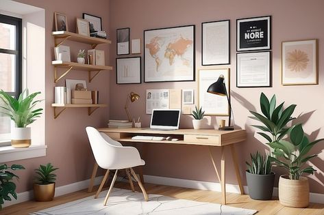 Inspiration Nook Flat Vector Illustration of Cozy Home Office with Vision Boards and Motivation Pink Office Ideas, Girly Office Space, Womens Home Office Ideas, Womens Home Office, Pink Home Office, Pink Office Decor, Girly Office, Modern Office Space, Cozy Home Office