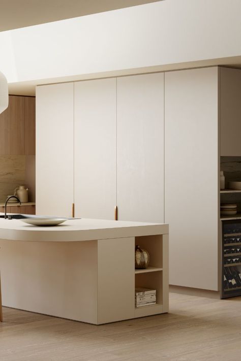 Laminex French Cream, Laminex Paper Bark, Kitchen Large Cabinet, Timber White Kitchen, Maple And White Kitchen Cabinets, Kitchen Cabinet 2023, Laminex Seed, Laminex Kitchen Australia, White Kitchen 2023