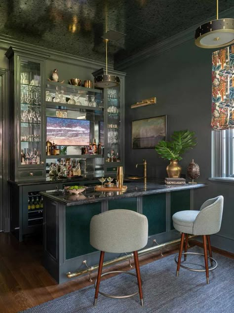 23 Wet Bar Ideas For The Ultimate Entertaining Space, According To Designers Walk In Bar In Living Room, At Home Bar Room, Contemporary Wet Bar Designs, Bar Room Ideas For Home, Small Bar In House, Home Office And Bar Combo, Bar In Library, Home Bar And Library, Swanky Home Bar