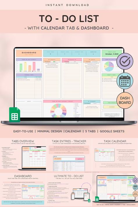 Experience ultimate productivity with SerenatasEssentials' To-Do List & Task Tracker. Manage daily, weekly, and monthly tasks effortlessly. This versatile planner lets you track deadlines, prioritize tasks, and gain insights into your productivity. With customizable setup, a calendar view, and a dashboard for easy visualization, this tool is perfect for professionals, students, and busy parents. Say goodbye to chaos and hello to an organized, efficient life. Get started now! 🚀 Productivity Templates, Task Calendar, Life Tracker, Spreadsheet Design, Monthly Tasks, Excel Budget Spreadsheet, Visual Management, Monthly Organization, Task Tracker