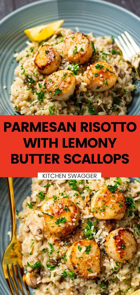 Scallop Risotto Recipes, Lemon Butter Scallops, Cheesy Risotto, Butter Scallops, Parmesan Risotto, Seafood Entrees, Risotto Recipe, Scallop Recipes, Fish Dinner