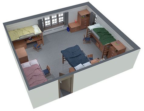 Quad Room - Mills Hall  Representative, not  all rooms are identical. Hostel Plans, Hogwarts Dorm, Quad Room, Hostel Design, Dorm Layout, Dorm Room Layouts, College Vibes, Auditorium Design, Hostels Design