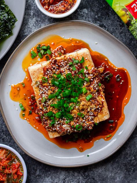 Pan Seared Tofu with Homemade Chili Oil - Eat Figs, Not Pigs Homemade Chili Oil, Seared Tofu, Tofu Chili, Vegan Apps, Chili Oil Recipe, Tofu Dishes, Asian Inspired Dishes, Homemade Chili, Spicy Chili