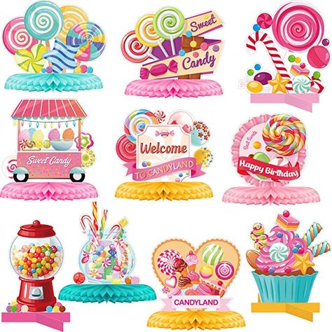 Centerpieces With Candy, Candyland Party Decorations, Kids Party Centerpieces, Honeycomb Table, Paper Centerpieces, Decor Birthday Party, Honeycomb Decorations, Candyland Birthday, Candy Stickers