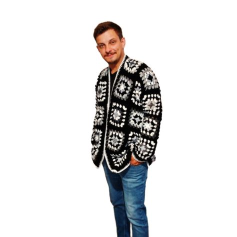 Granny Square Vest Men, Crochet Cardigan Men Aesthetic, Crochet Granny Square Mens Vest, Mens Granny Square Cardigan, Winter Black Outerwear With Granny Square Details, Granny Sweater, Mens Crochet, Men Crochet, Granny Square Cardigan