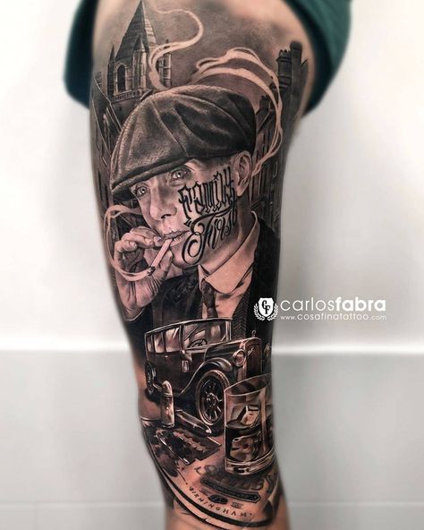 Carlos Fabra's black&grey realistic tatto Tattoo Mafia, Chicanas Tattoo, Best Leg Tattoos, Chicano Tattoos Sleeve, Gangsta Tattoos, Forarm Tattoos, City Tattoo, Chest Tattoo Men, Leg Tattoo Men