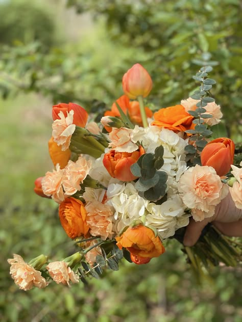 Hydrangea, tulips, ranunculus, mini carnations, and baby blue eucalyptus Peach Tulips Bouquet, Ranunculus Tulip Bouquet, Tulip And Carnation Bouquet, Carnations Wedding Bouquet, Carnation Wedding Bouquet, Carnations Bouquet, Baby Blue Eucalyptus, Carnation Wedding, Peach Ranunculus