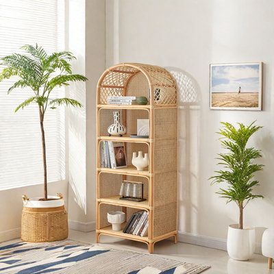 This simple and creative accent cabinet, with its open storage design and clever material collocation, brings the ultimate convenience and beauty to your space. Atta Avenue | Atta Avenue Simple & Creative Accent Cabinet Accent Cabinet brown in Burlywood | 66.9" H X 25.6" W X 17.7" D | Wayfair Wicker Bookcase, Boho Bookshelf, Rattan Bookshelf, Rattan Storage, Accent Chests And Cabinets, Bedroom Remodel, Small Space Living Room, Living Room Bookcase, Accent Cabinet